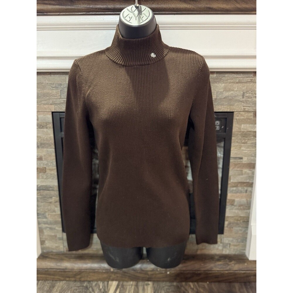 Lauren Ralph Lauren chocolate brown mock neck ribbed sweater 100% cotton large